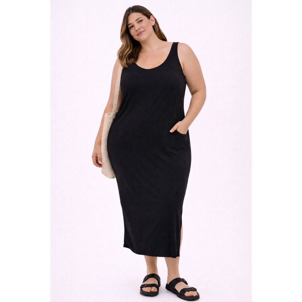 Popular Basics Midi Dress Women XXL Black Zipper Back Sleeveless Scoop Neck Goth
